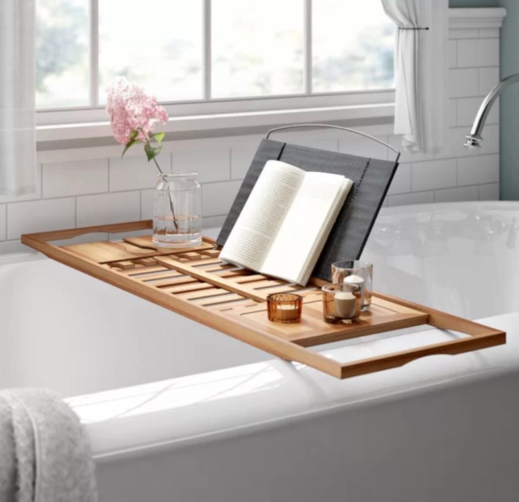 Bathtub tray from WayFair, bathtub accessories in bathroom organization shopping guide