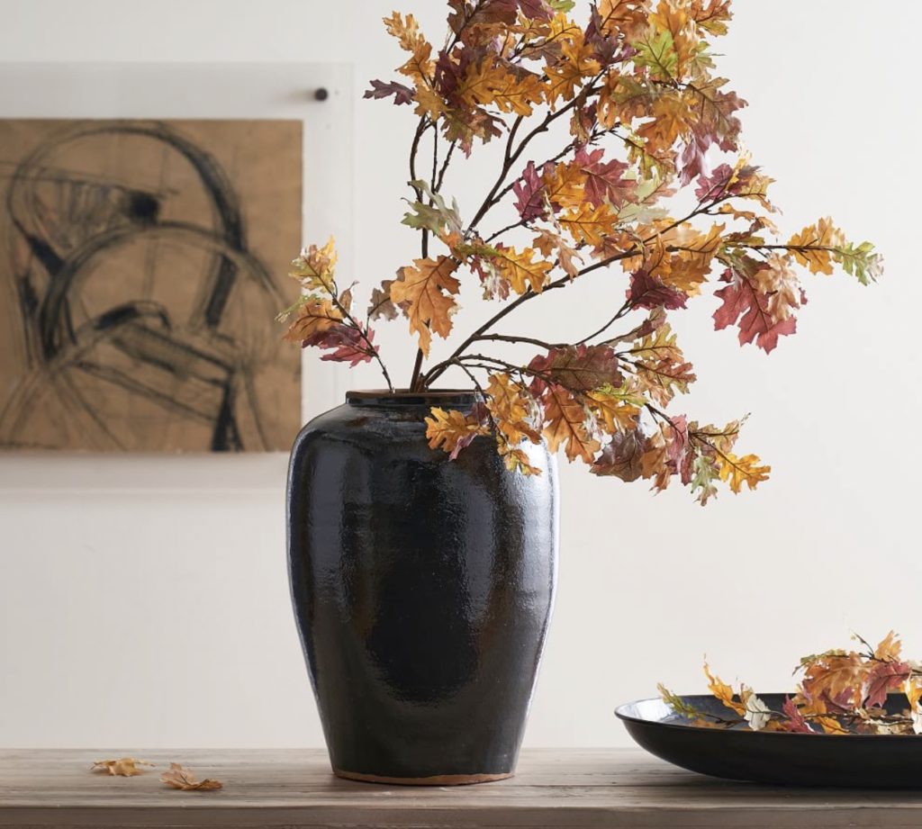 Fall leaves, dried stems from Pottery Barn. Dark colored vase, fall colors